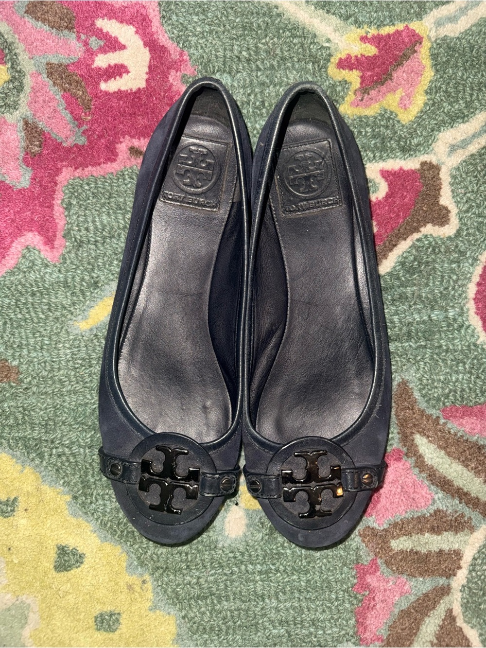 Tory Burch Navy Leather Logo Peep-Toe Flats